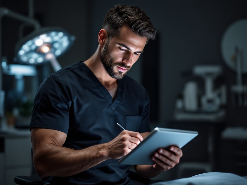 A plastic surgeon in scrubs reviewing consultation notes on a tablet in a clinic