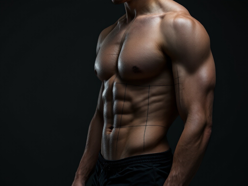 A lean male torso with circumferential surgical planning marks on abdomen and flanks