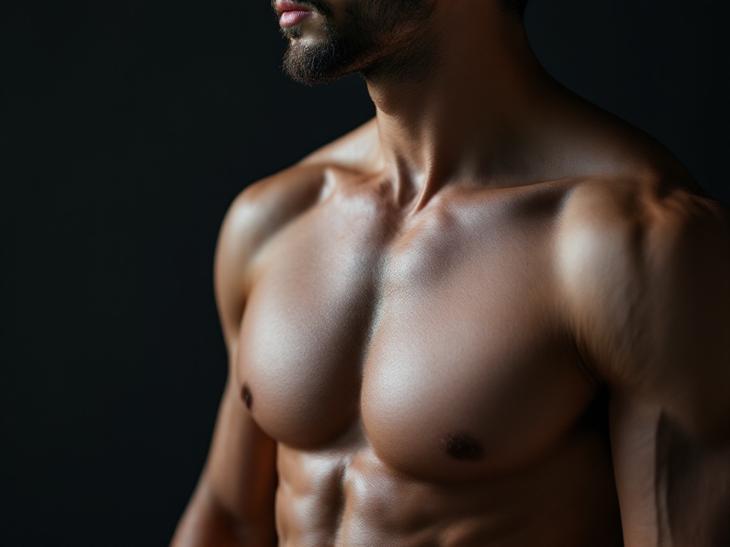 A lean, flat male chest in profile under soft studio light after chest surgery