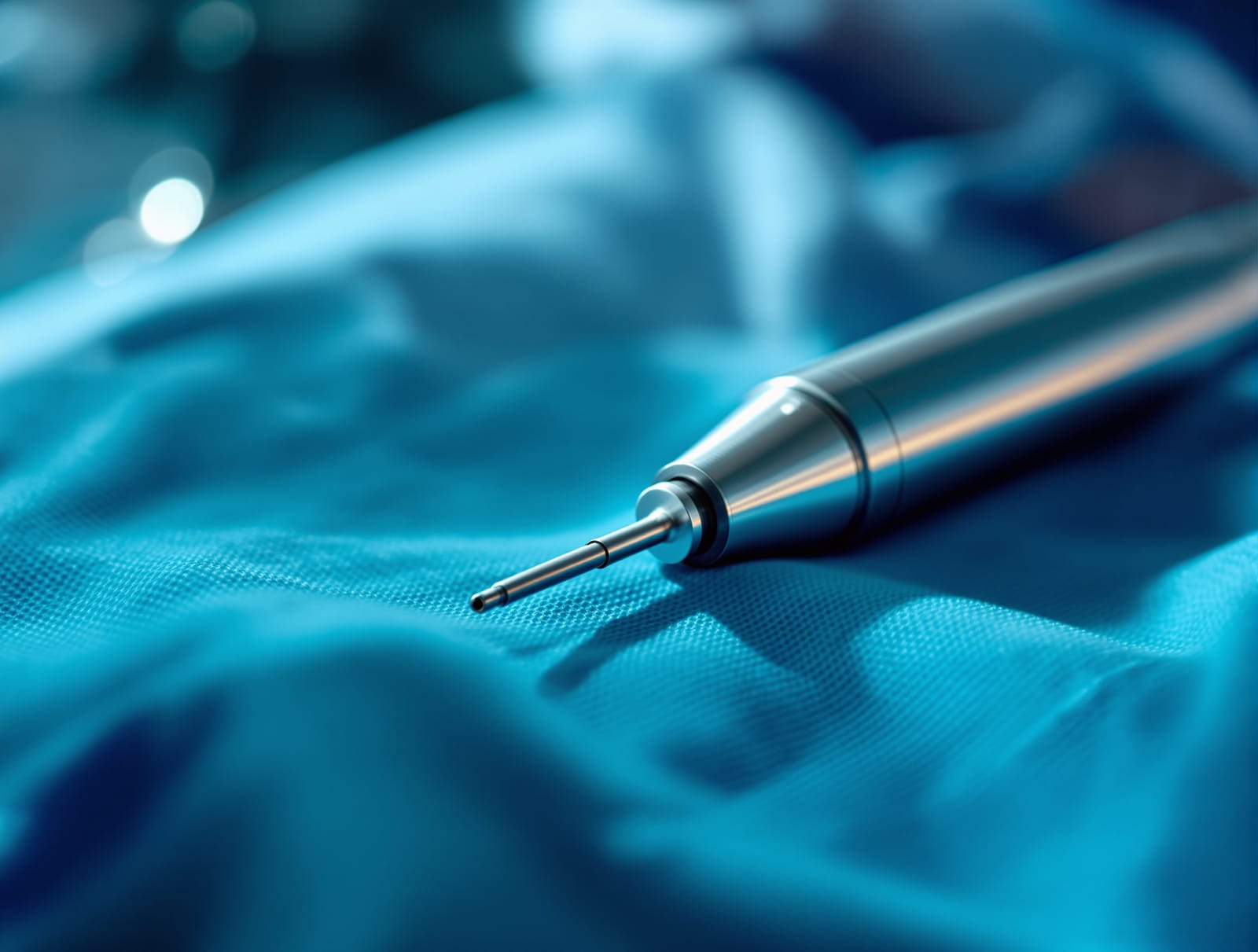 An ultrasound-assisted liposuction handpiece and cannula on a sterile surgical tray in a modern operating suite