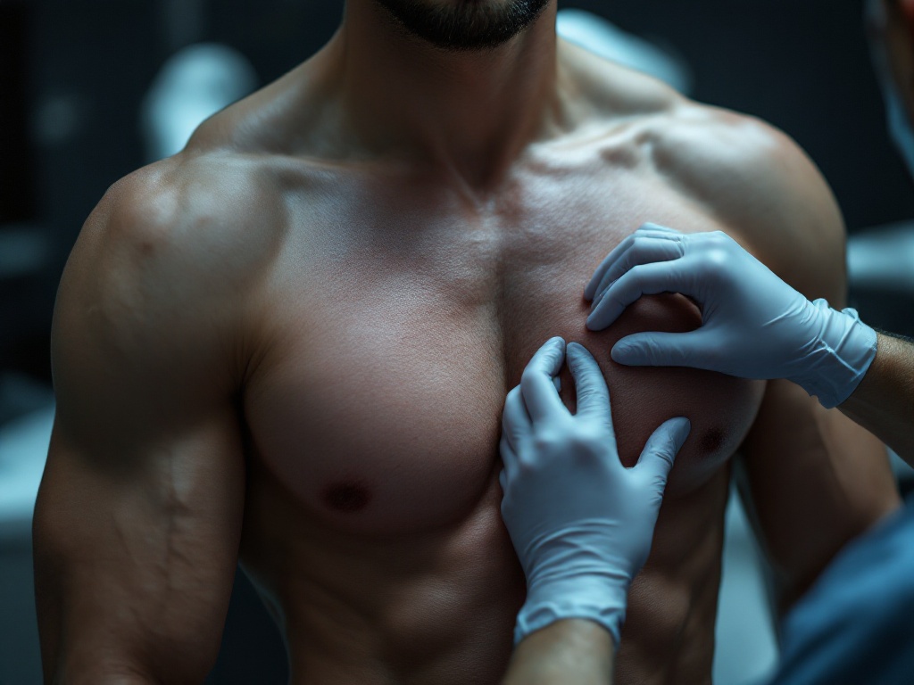 A surgeon in exam gloves assessing tissue on a male patient's chest in a clinic