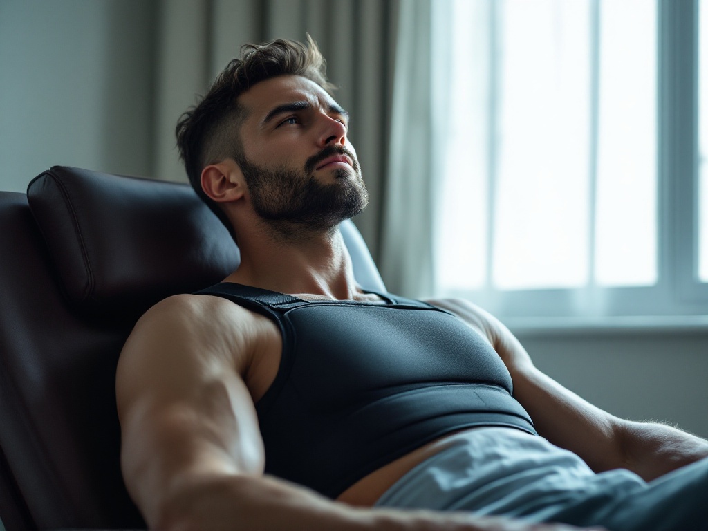 A man in a fitted post-surgical chest compression vest resting in a calm recovery room
