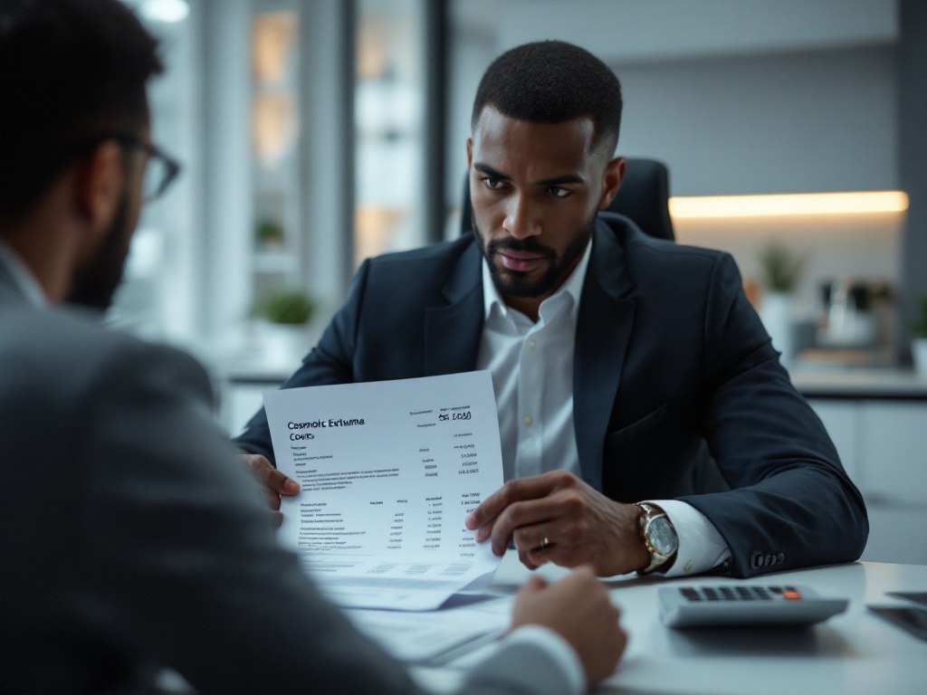 A man reviewing a cosmetic surgery cost estimate on paper at a clinic desk