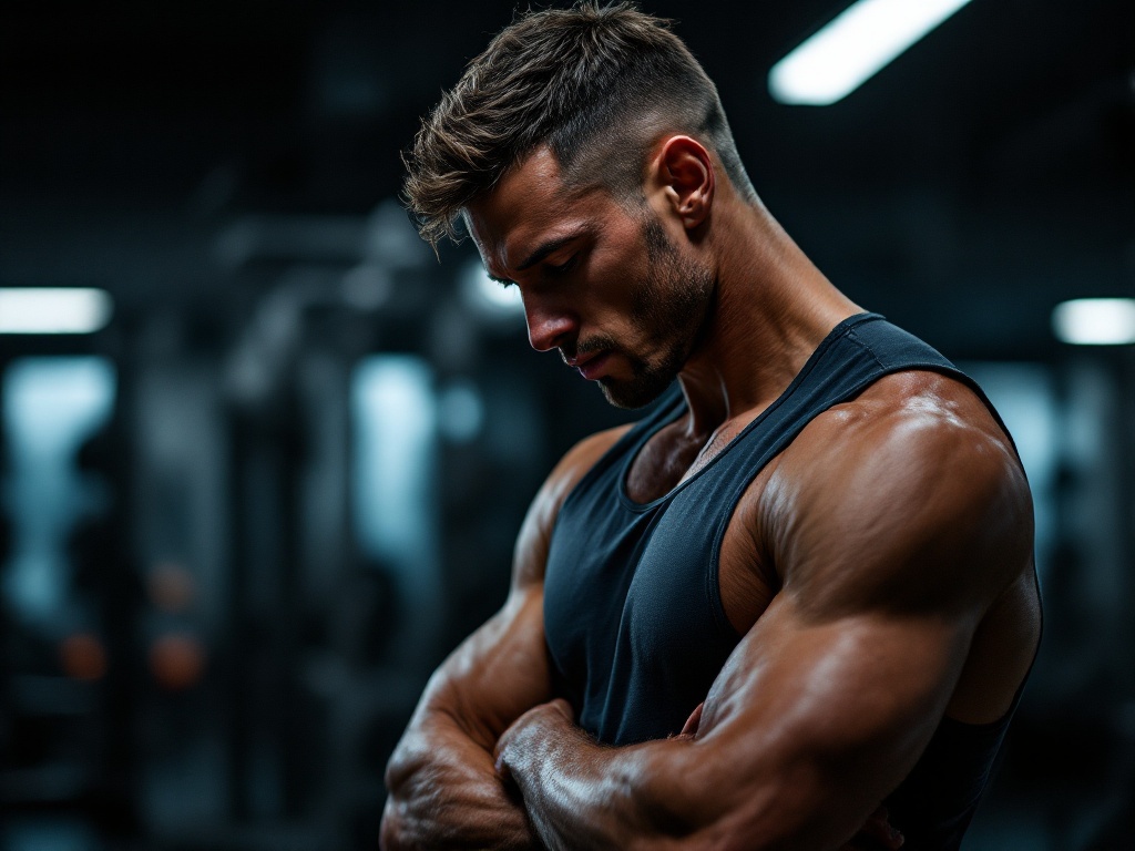 A fit man in athletic wear standing thoughtfully in a low-lit gym
