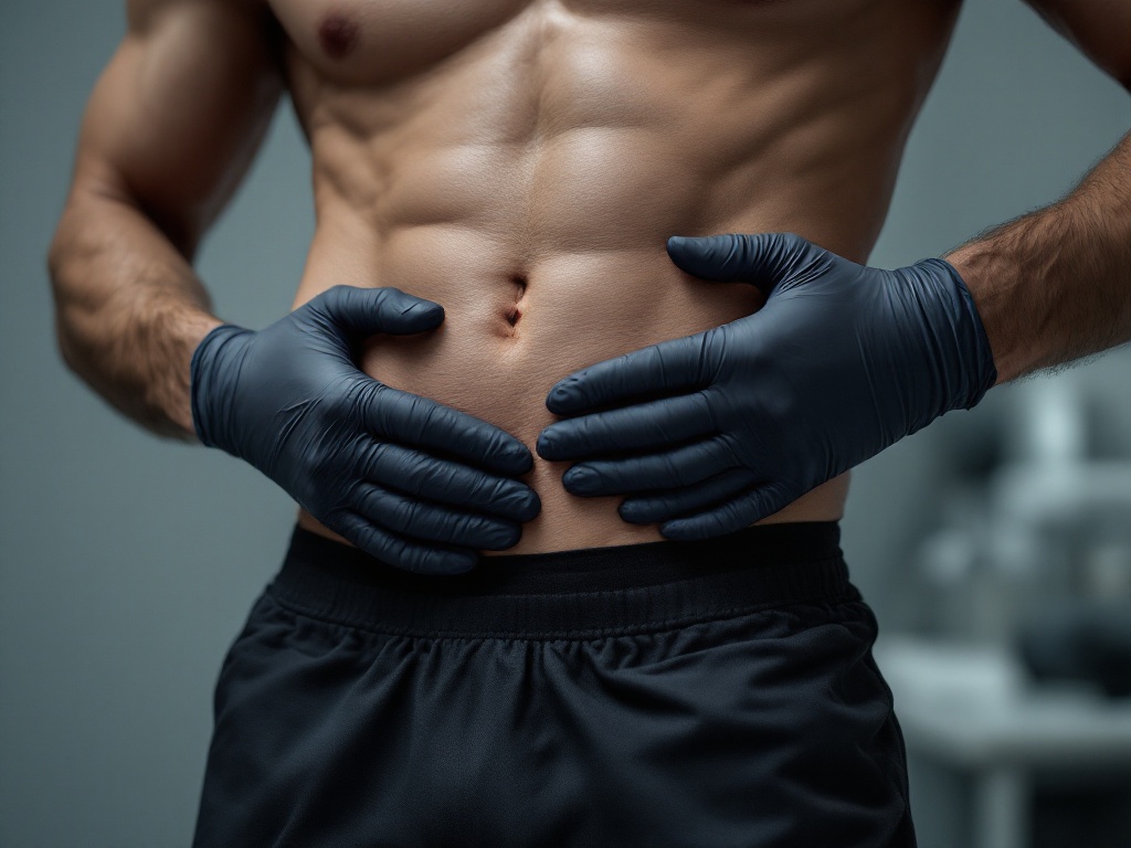 A doctor assessing the abdominal fat layer at a man's waist in a clinical exam